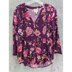 Boho Floral Blouse Womens Medium Purple Pintuck VNeck 3/4 Sleeve Top